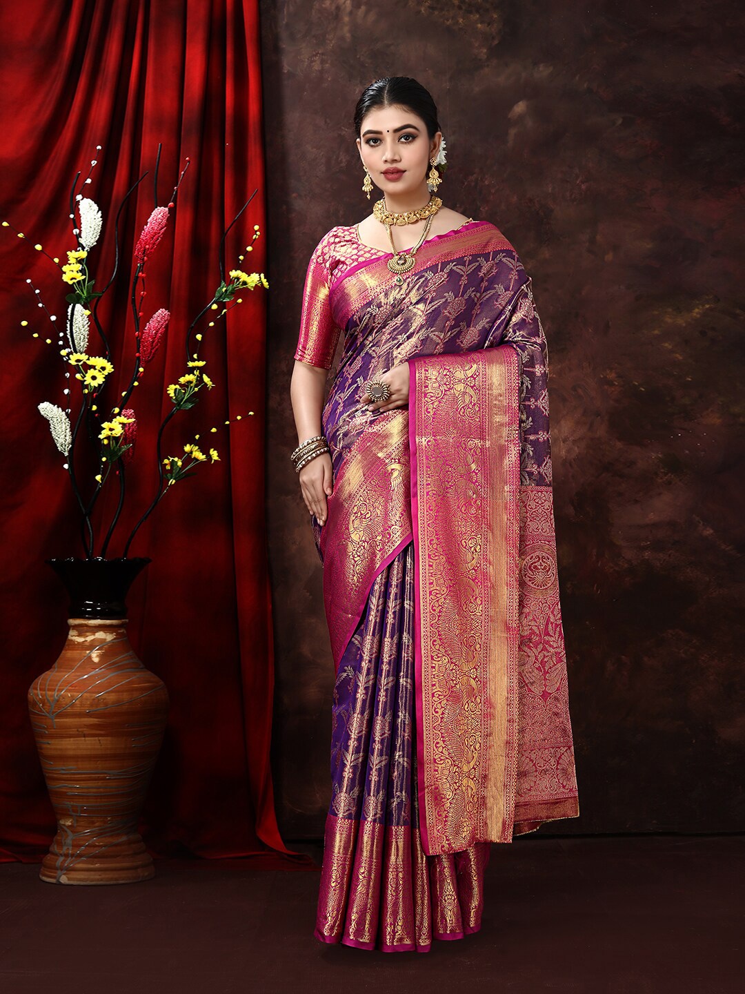 

JUST FASHION Woven Design Zari Kanjeevaram Saree, Purple