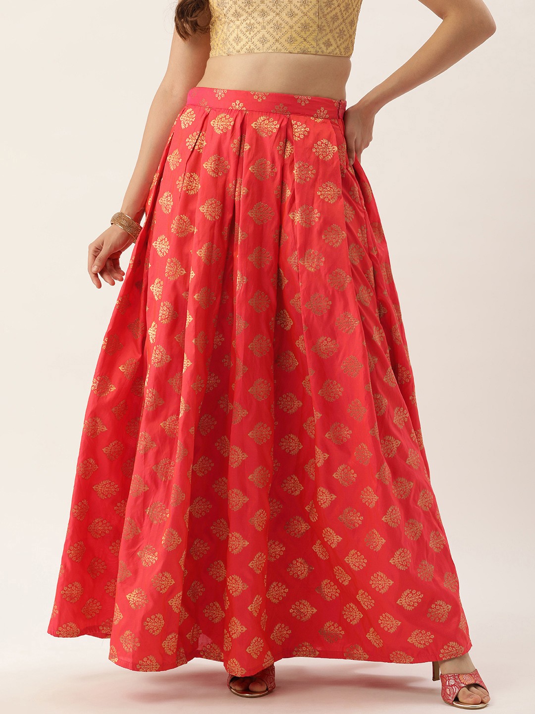 

Ethnovog Jacquard Pleated Maxi Length Flared Skirt, Red