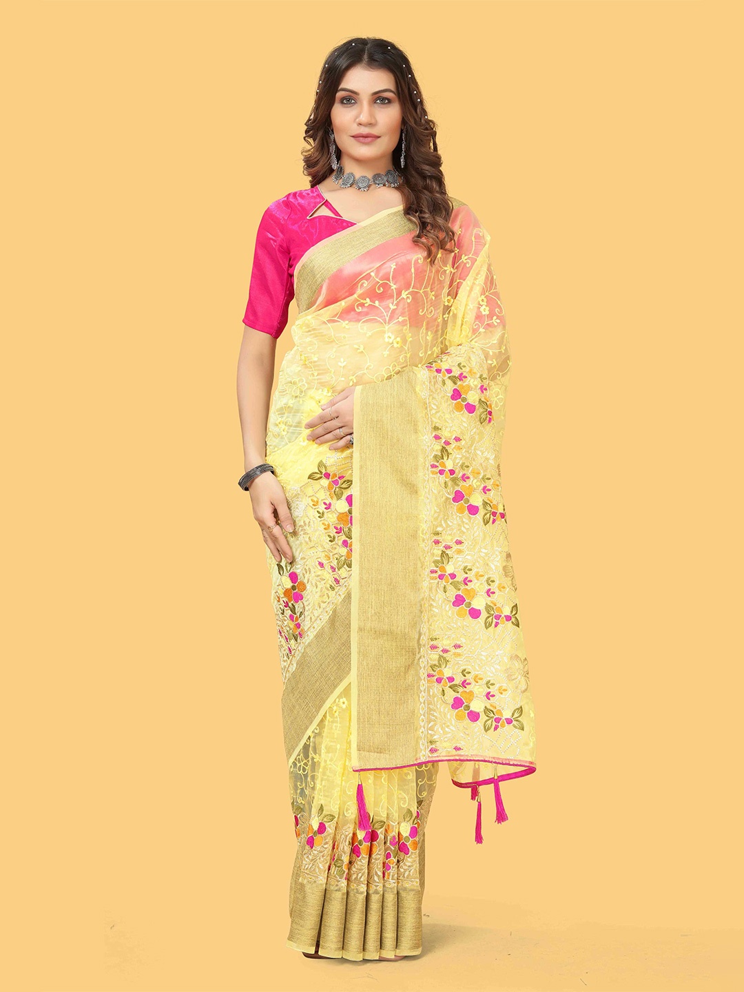 

Mitera Floral Zari Organza Saree, Yellow