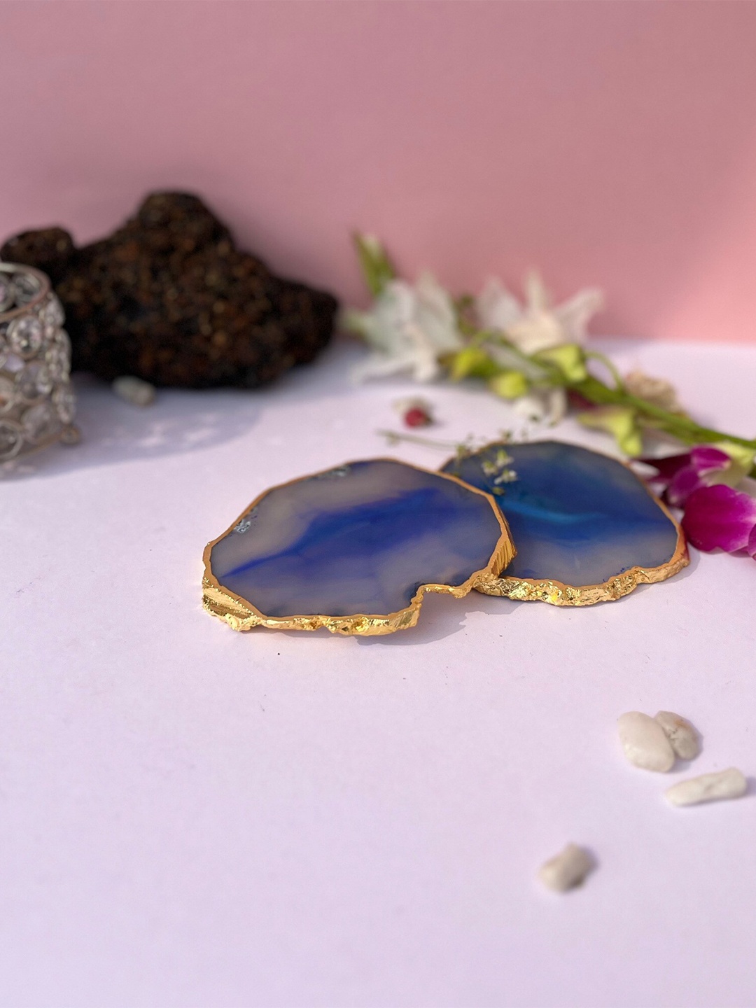 

HOMEARTE Blue 2 Pieces Textured Round Agate Stone Coasters