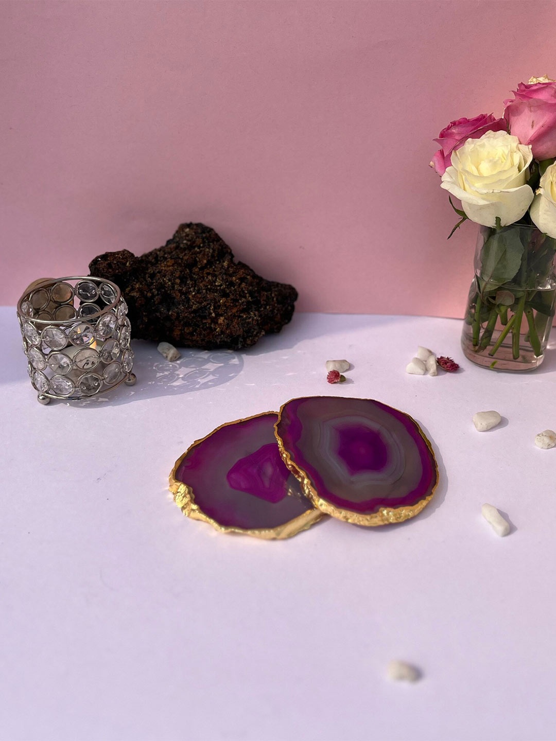 

HOMEARTE Pink 2 Pieces Textured Round Agate Stone Coasters