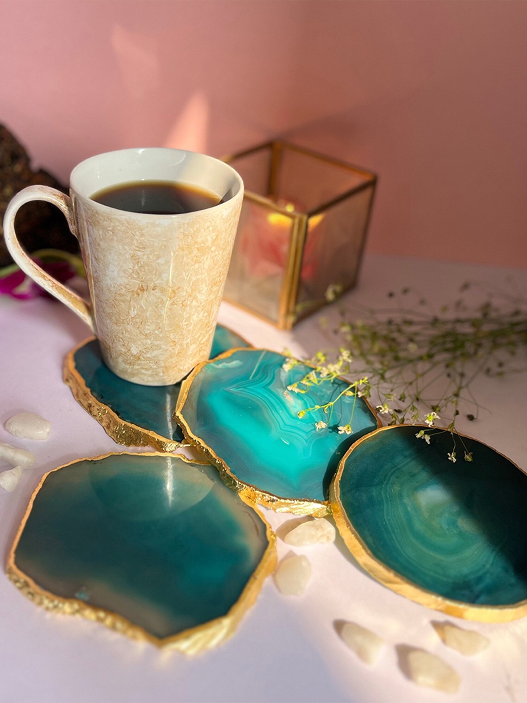 

HOMEARTE Green 4 Pieces Textured Round Agate Stone Coasters