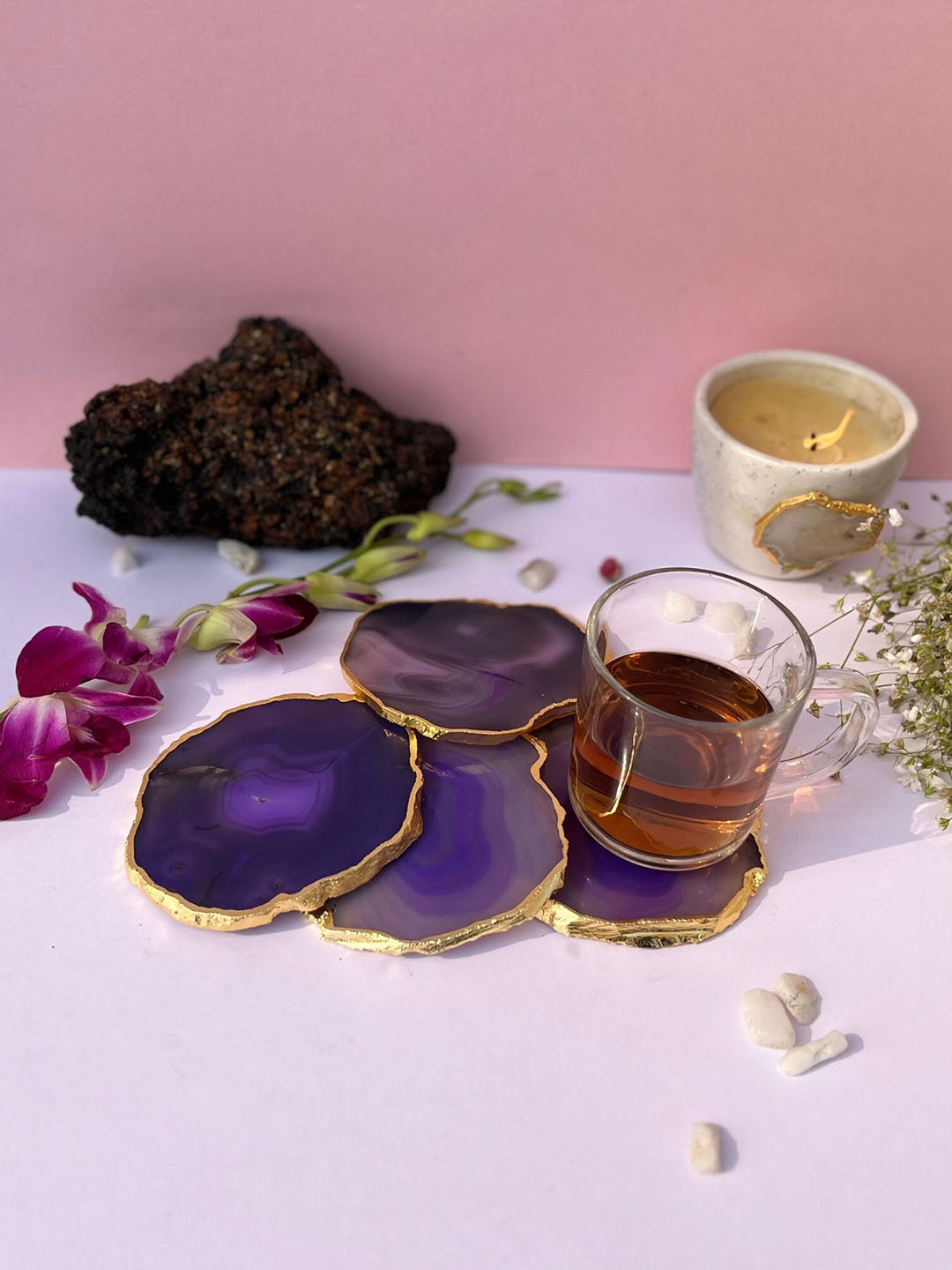 

HOMEARTE Purple & Gold Toned 4 Pieces Agate Stone Round Coasters