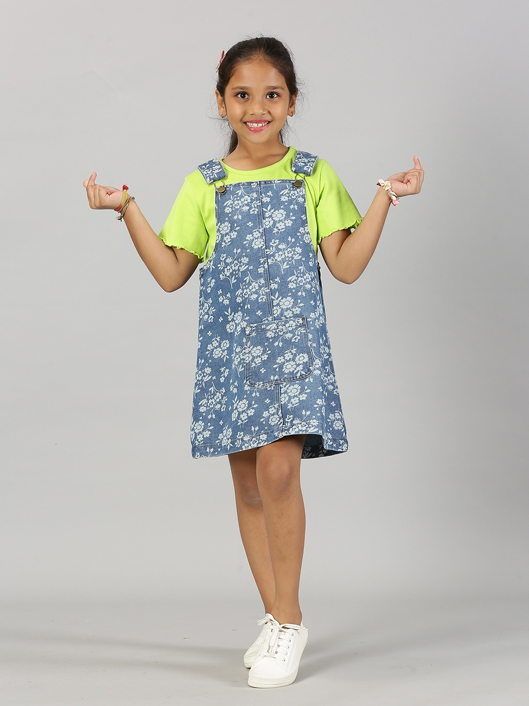 

KiddoPanti Girls Floral Printed Denim Dungaree Skirt, Blue