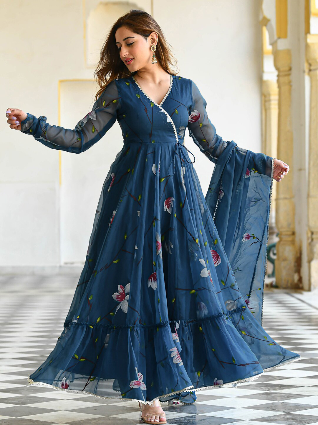 

KALINI Floral Printed V-Neck Georgette Fit and Flare Maxi Ethnic Dress with Dupatta, Navy blue