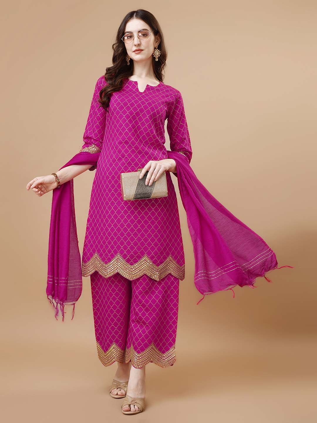 

KALINI Ethnic Motifs Printed Sequinned Kurta & Palazzos With Dupatta, Pink