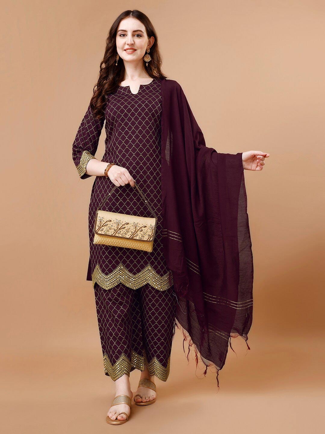 

KALINI Ethnic Motifs Printed Sequinned Kurta & Palazzos With Dupatta, Purple