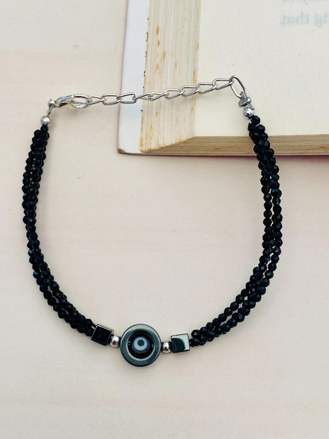 

ABDESIGNS Silver-Plated Beaded Brass Evil Eye Wraparound Bracelet