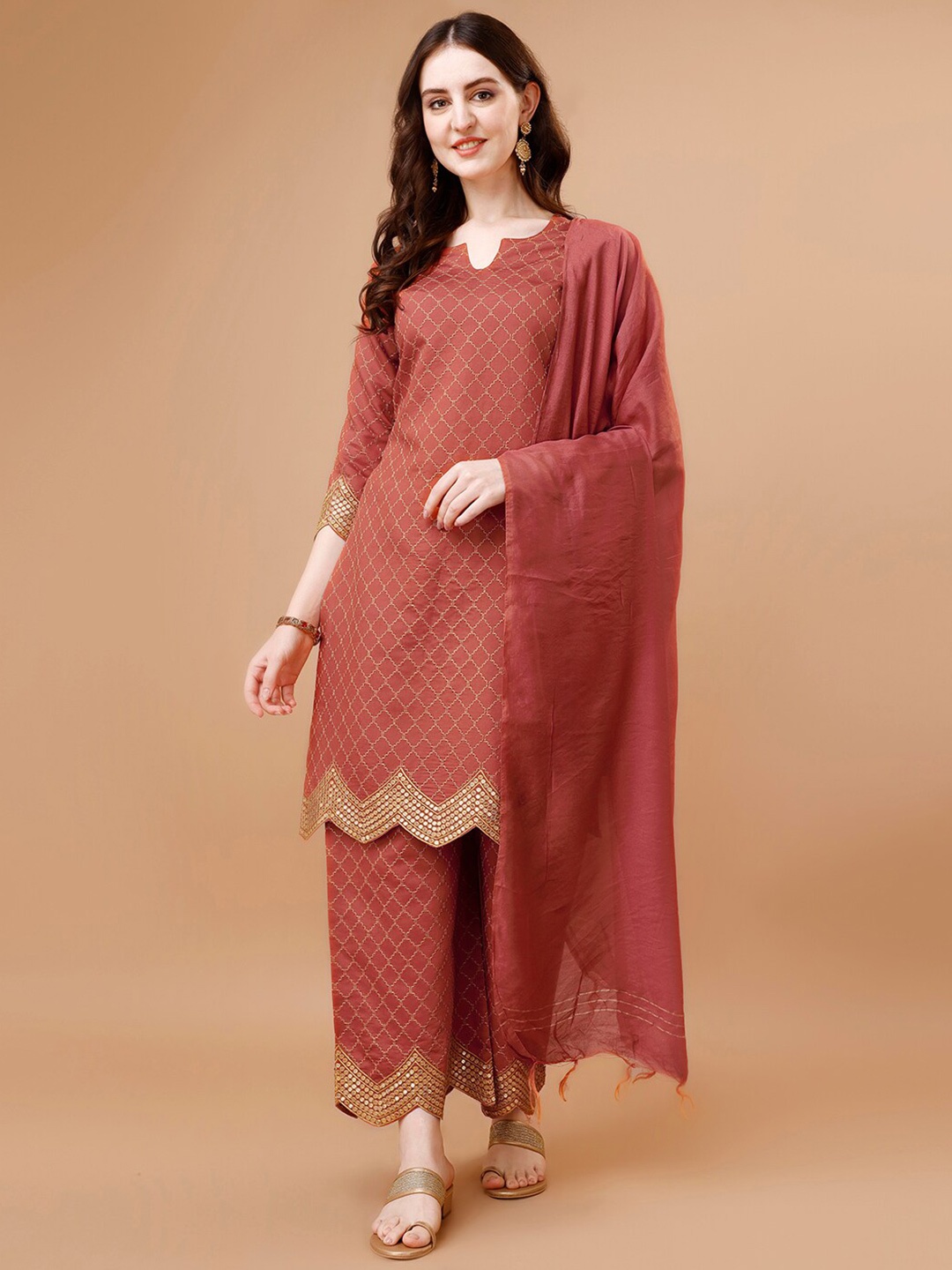 

KALINI Ethnic Motifs Printed Sequinned Kurta & Palazzos With Dupatta, Rust