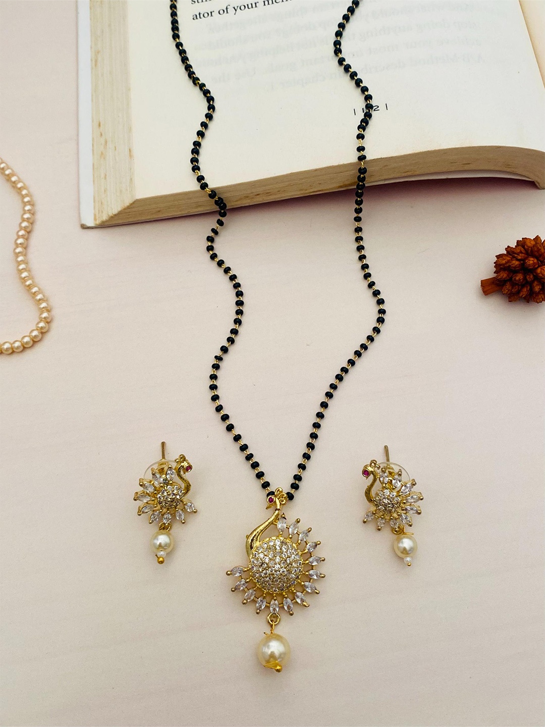 

ABDESIGNS Gold-Plated Stones Studded & Beaded Mangalsutra With Earrings