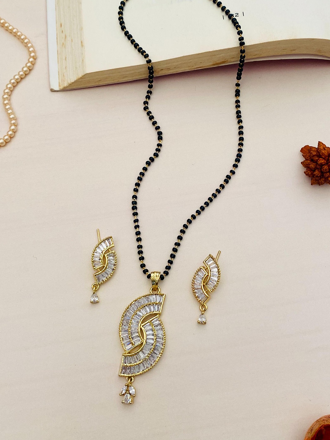 

ABDESIGNS Gold-Plated Stones Studded & Beaded Mangalsutra With Earrings