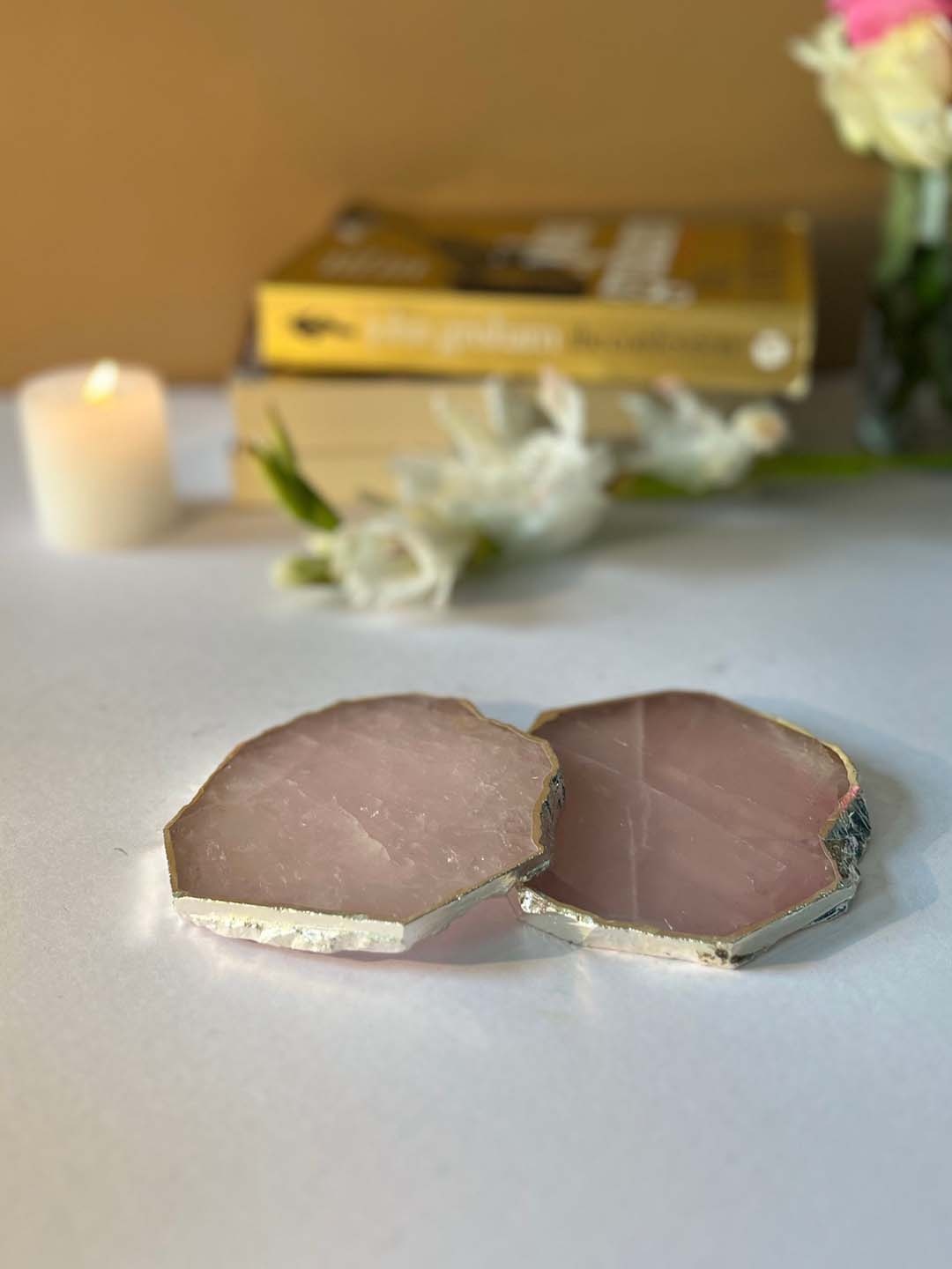 

HOMEARTE Pink & Gold Toned 2 Pieces Rose Quartz Silver Platted Coasters