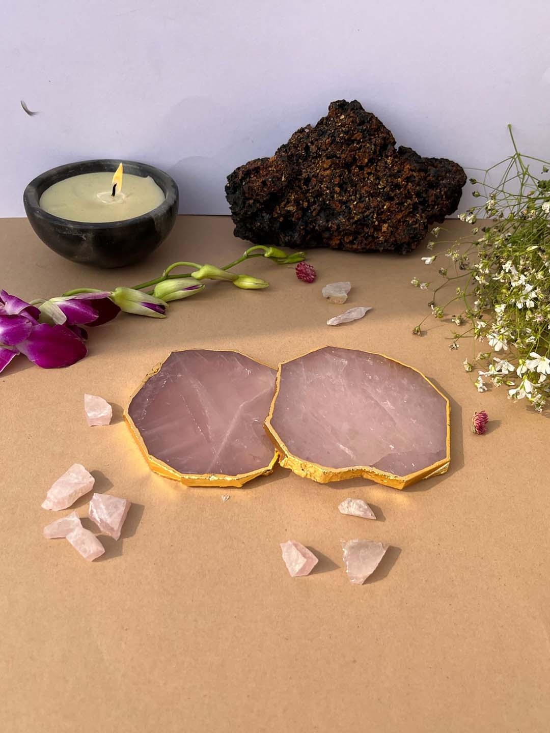 

HOMEARTE Pink & Gold Toned 2 Pieces Rose Quartz Silver Platted Coasters