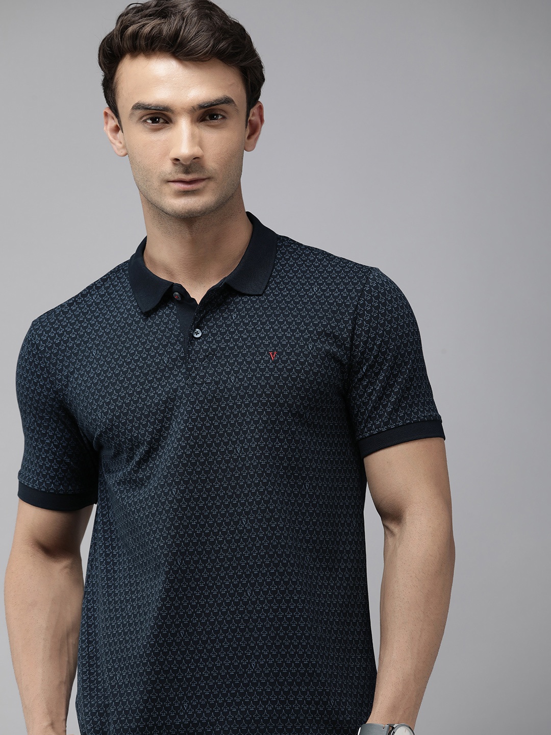 

Van Heusen Men Conversational Printed Polo Collar Pure Cotton T-shirt, Navy blue
