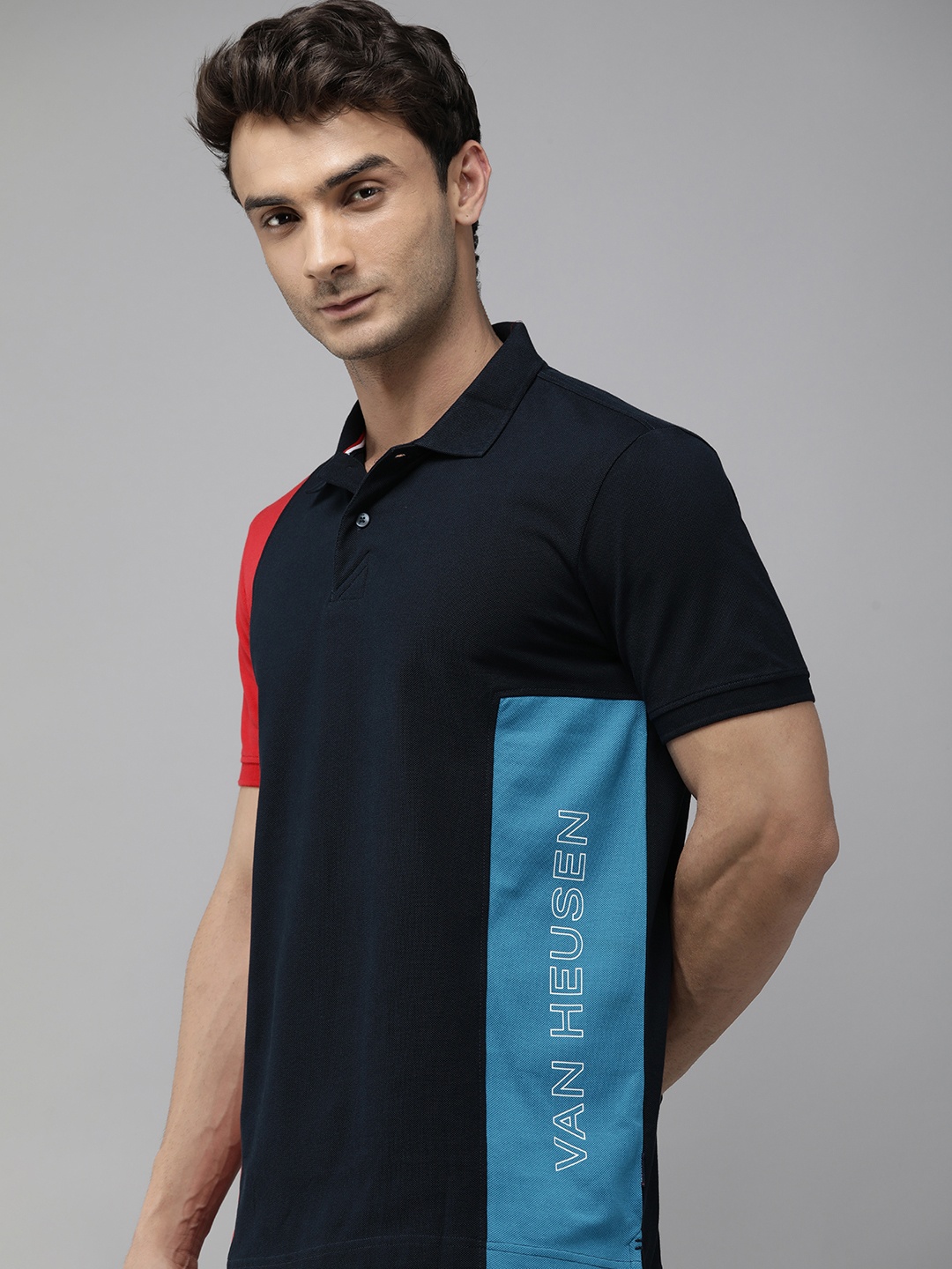 

Van Heusen Men Brand Logo Printed Polo Collar Pure Cotton T-shirt, Navy blue