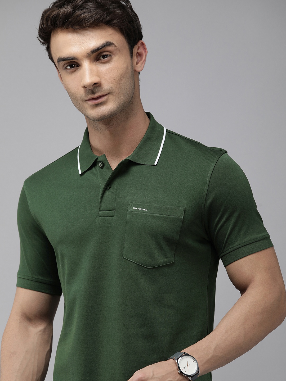 

Van Heusen Men Polo Collar Pure Cotton Pockets T-shirt, Olive