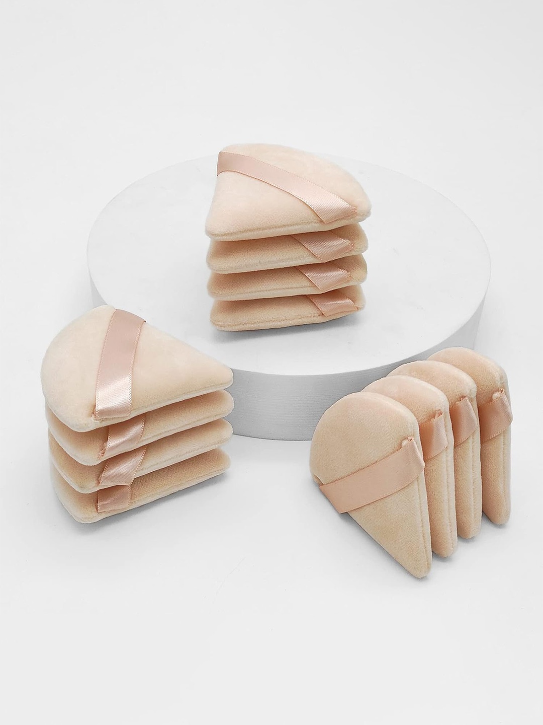 

FEELHIGH 12Pcs Triangle Velvet Powder Puff With Ribbon Band Handle, Beige