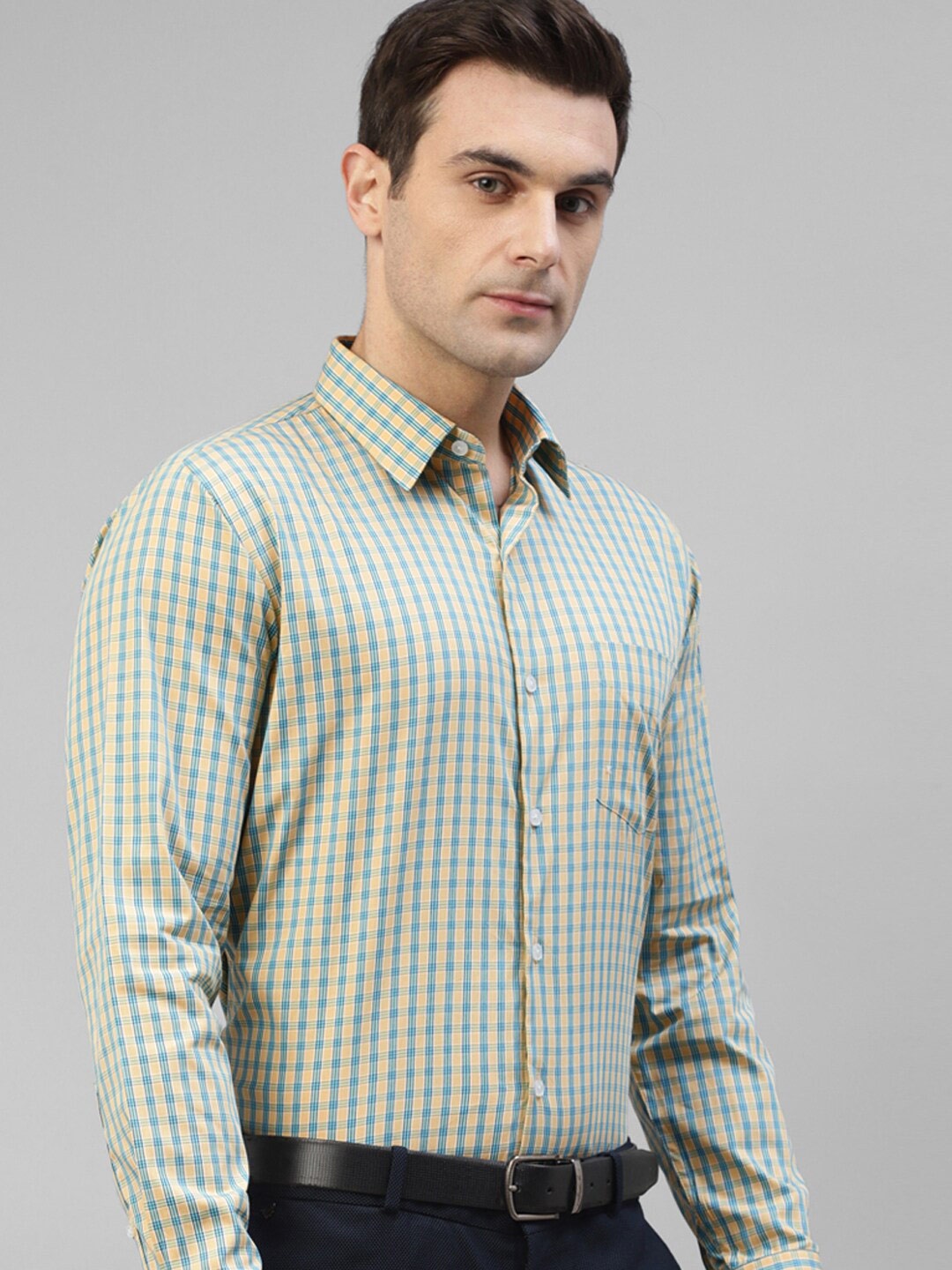 

Hancock Original Slim Fit Windowpane Checks Spread Collar Long Sleeves Cotton Formal Shirt, Yellow