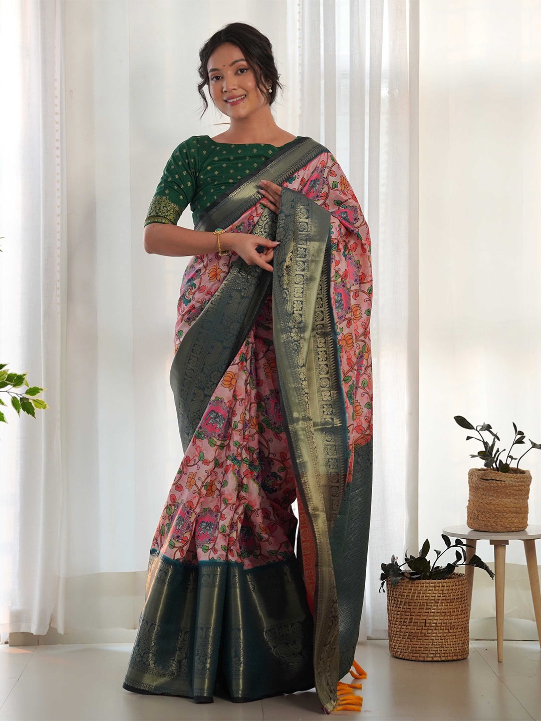 

Mitera Kalamkari Printed Zari Silk Saree, Pink