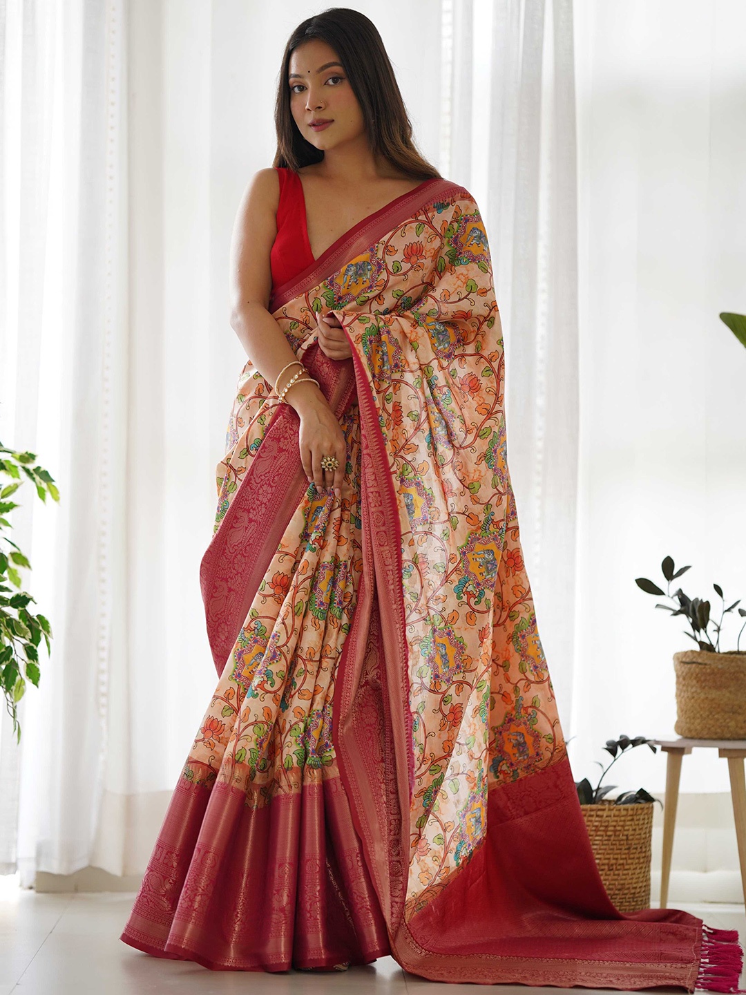 

Mitera Kalamkari Printed Zari Silk Saree, Peach