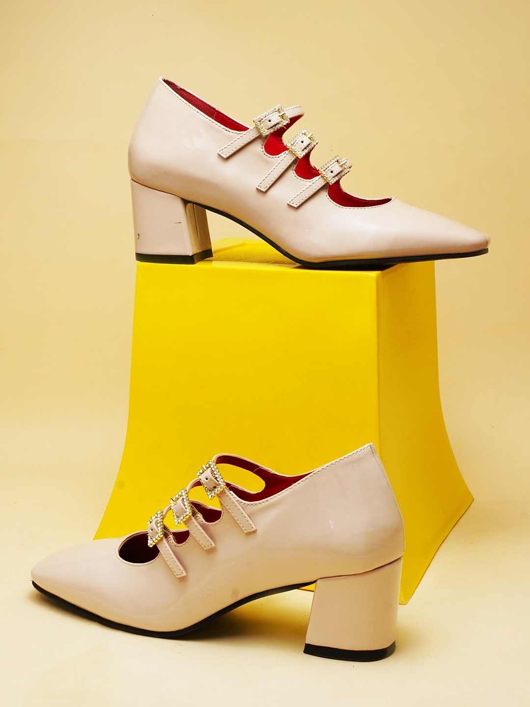 

THE WHITE POLE Pointed Toe Buckles Detail Block Heeled Mary Janes, Beige