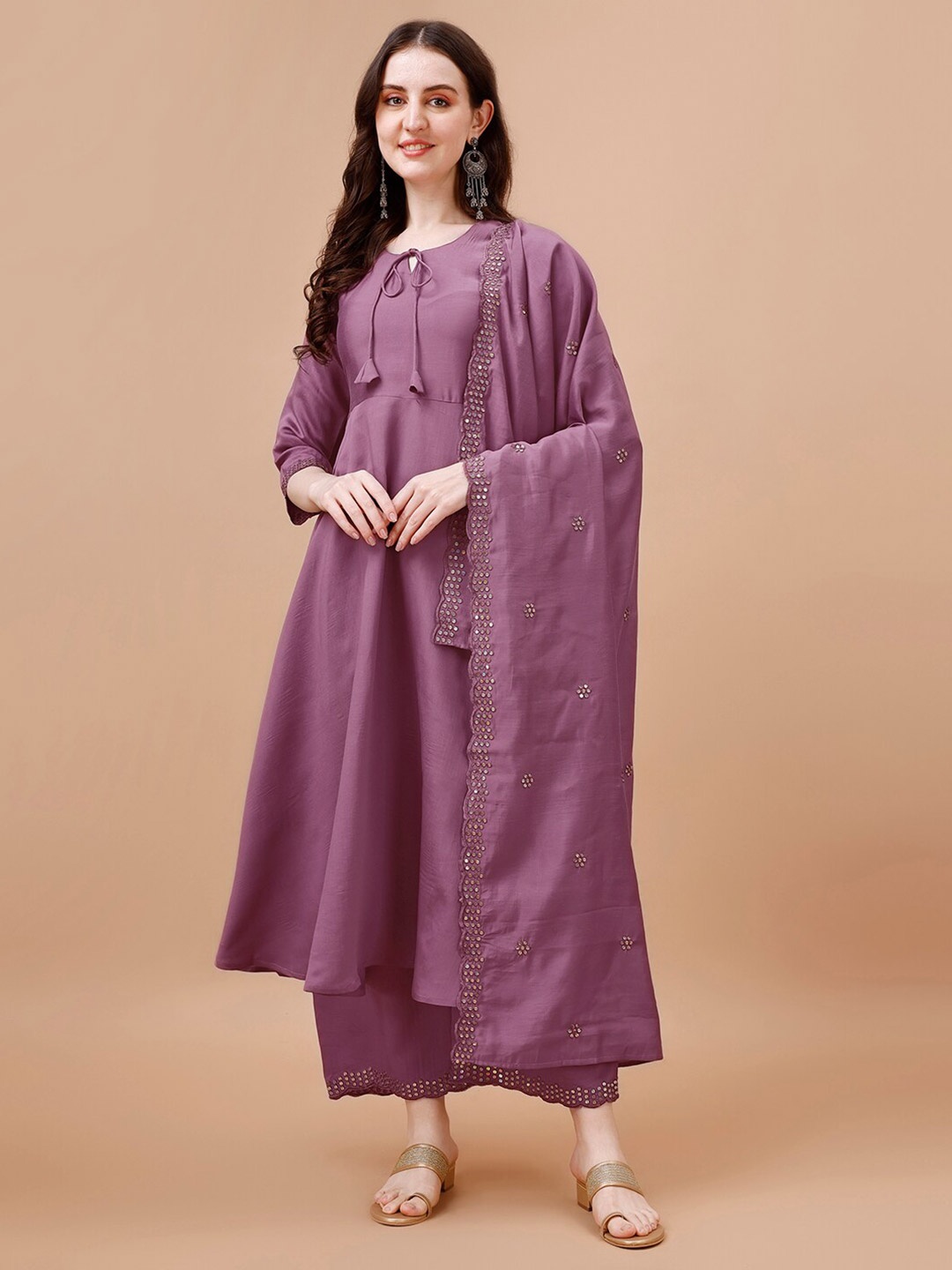 

KALINI Mirror Work A-Line Kurta With Palazzos & Dupatta, Purple