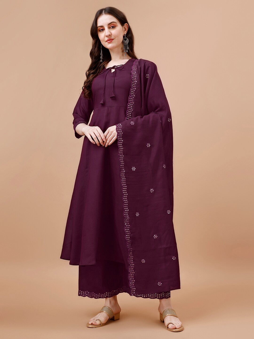 

KALINI Ethnic Motifs Embroidered Anarkali Kurta With Palazzos & Dupatta, Purple