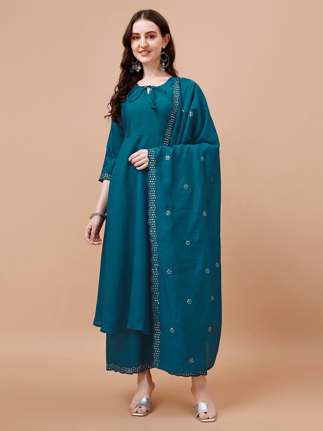 

KALINI Tie-Up Neck Sequinned Anarkali Kurta with Palazzos & With Dupatta, Teal