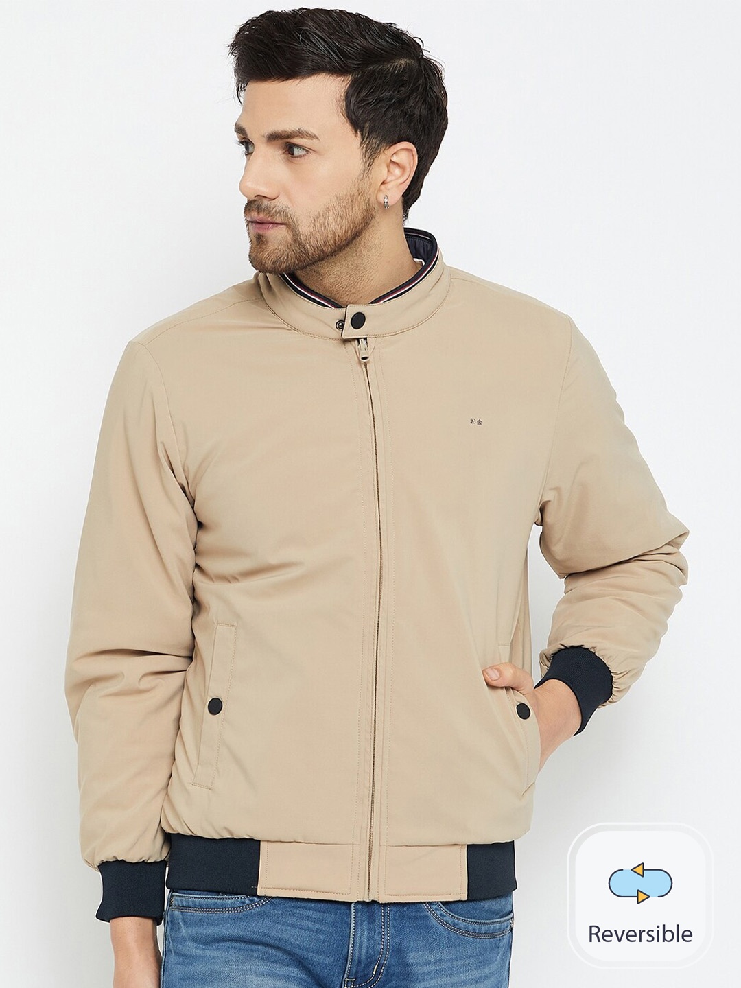 

Okane Mock Collar Reversible Bomber Jacket, Beige