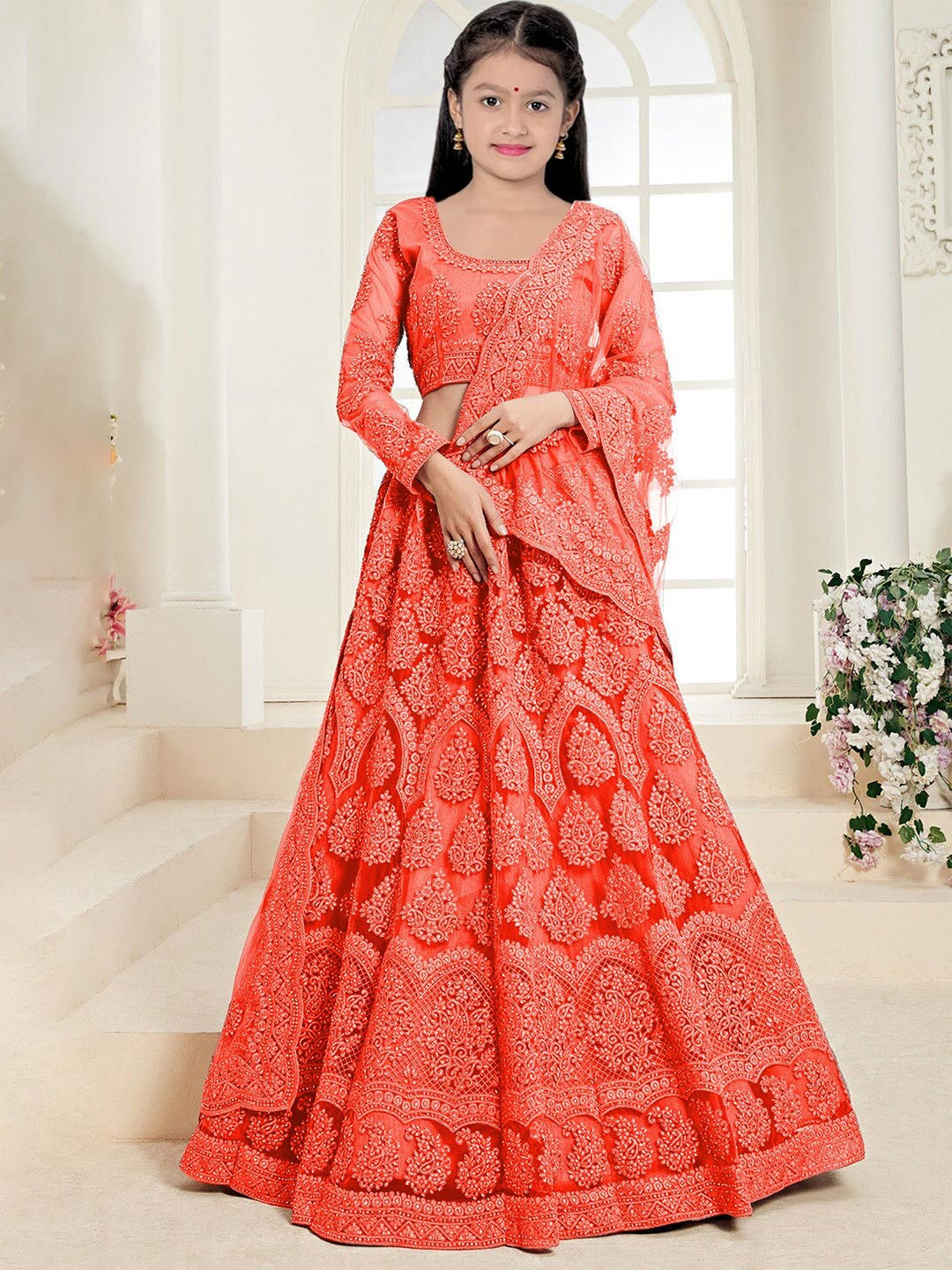 

BAESD Girls Embroidered Thread Work Semi-Stitched Lehenga & Unstitched Blouse With Dupatta, Orange