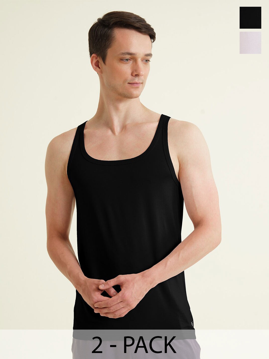 

DAMENSCH Pack of 2 Square Neck Bio Wash Innerwear Vests, Black
