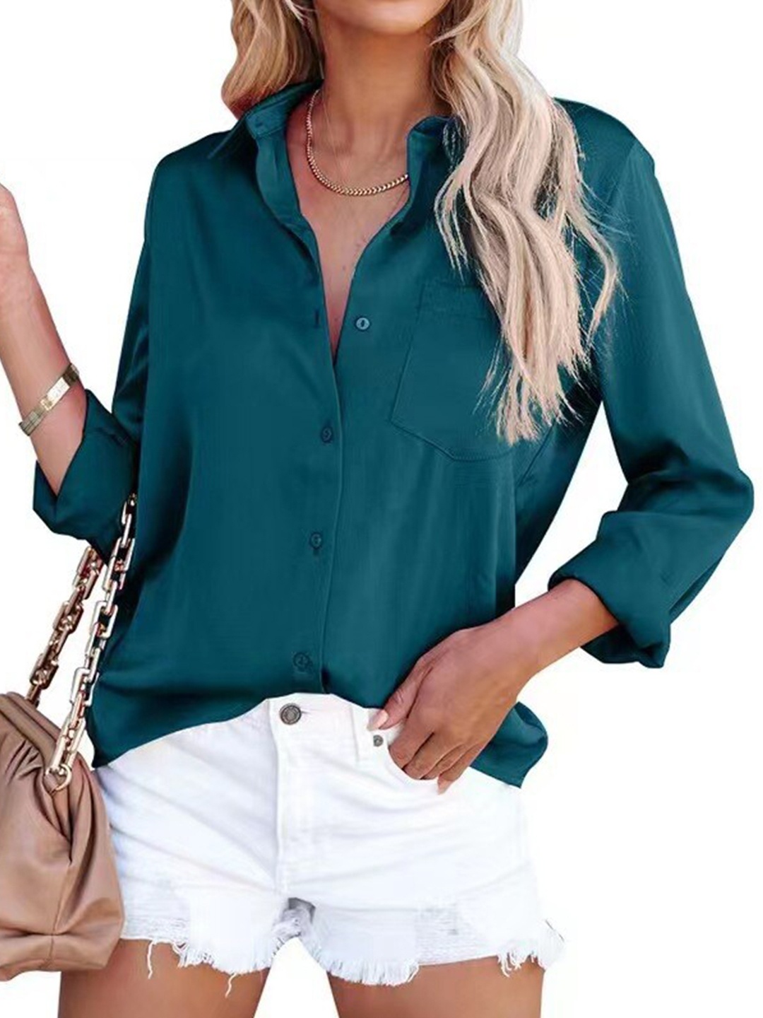 

StyleCast Blue Spread Collar Satin Casual Shirt