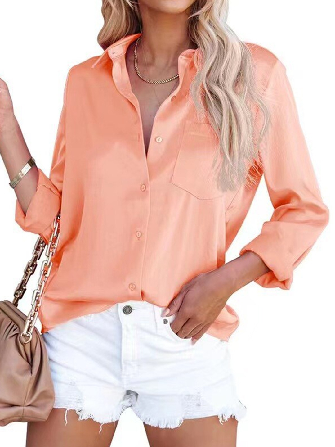

StyleCast Peach-Coloured Spread Collar Satin Casual Shirt