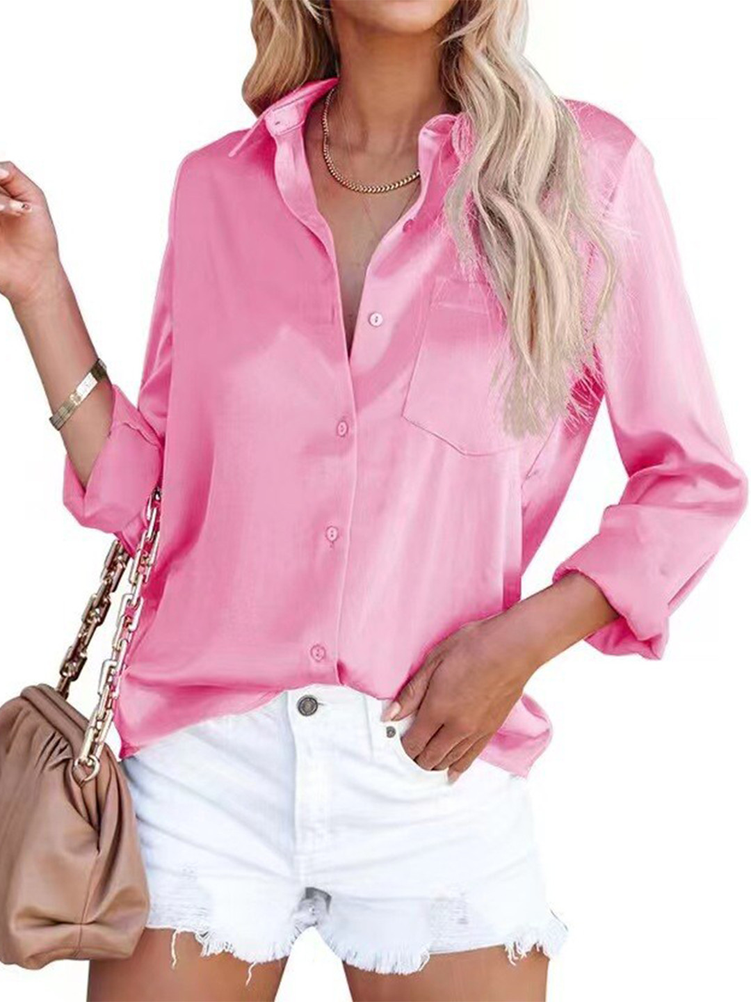 

StyleCast Pink Spread Collar Satin Casual Shirt