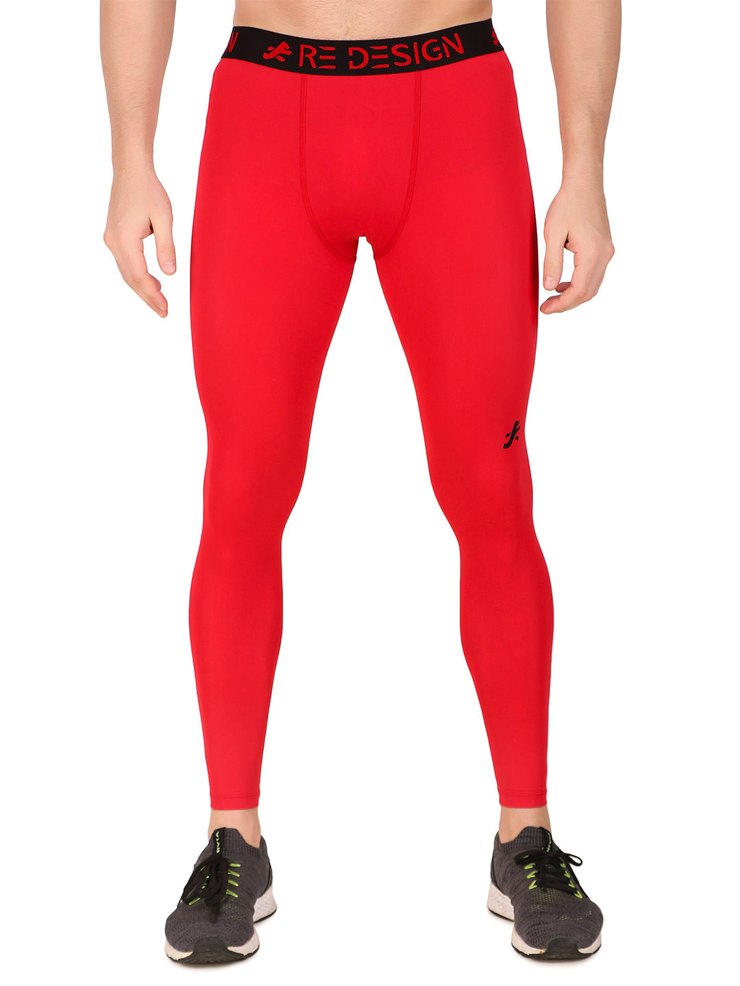 

REDESIGN Men Mid-Rise Rapid-Dry Compression Ankle-Length Running Tights, Red