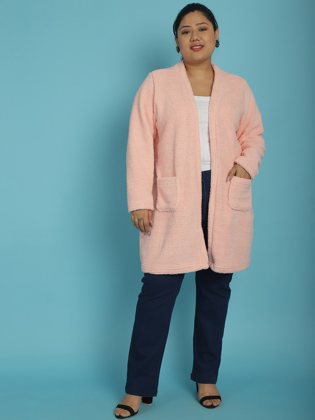 

theRebelinme Plus Size Longline Open Front Jacket, Pink