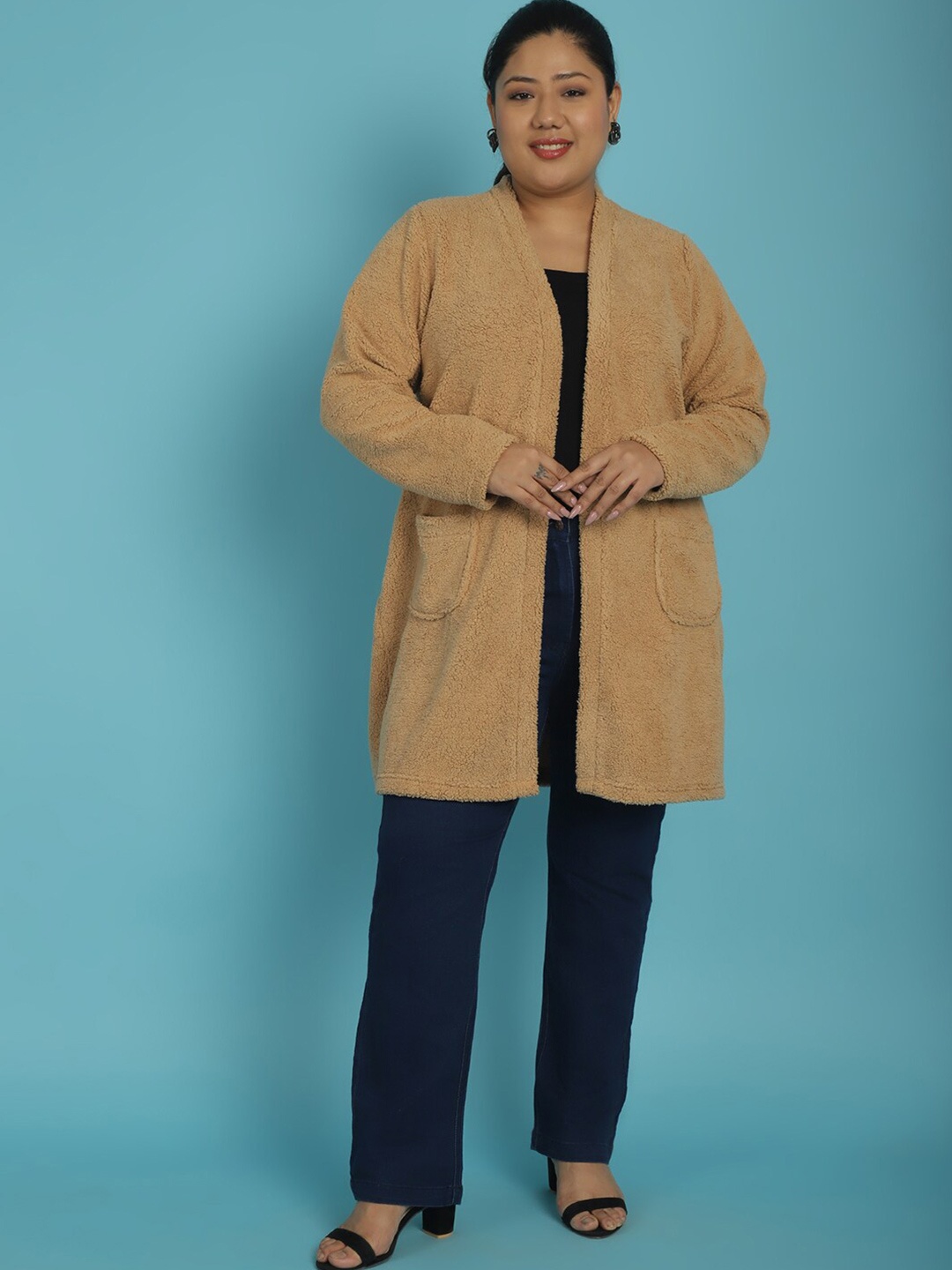 

theRebelinme Plus Size Longline Open Front Jacket, Camel brown