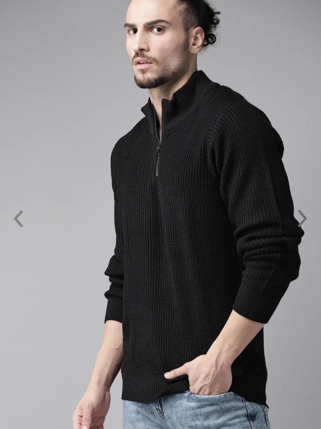 

The Roadster Lifestyle Co. Black Cable Knit Self Design Mock Collar Acrylic Sweater