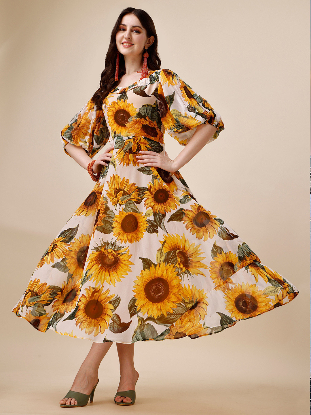 

NIZA FASHION Floral Print Bell Sleeve Georgette Fit & Flare Midi Dress, Yellow