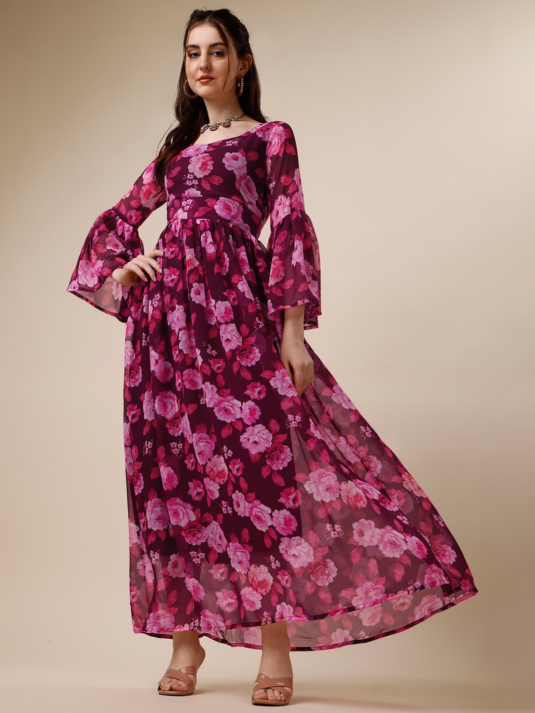 

NIZA FASHION Floral Print Bell Sleeve Georgette Maxi Dress, Purple