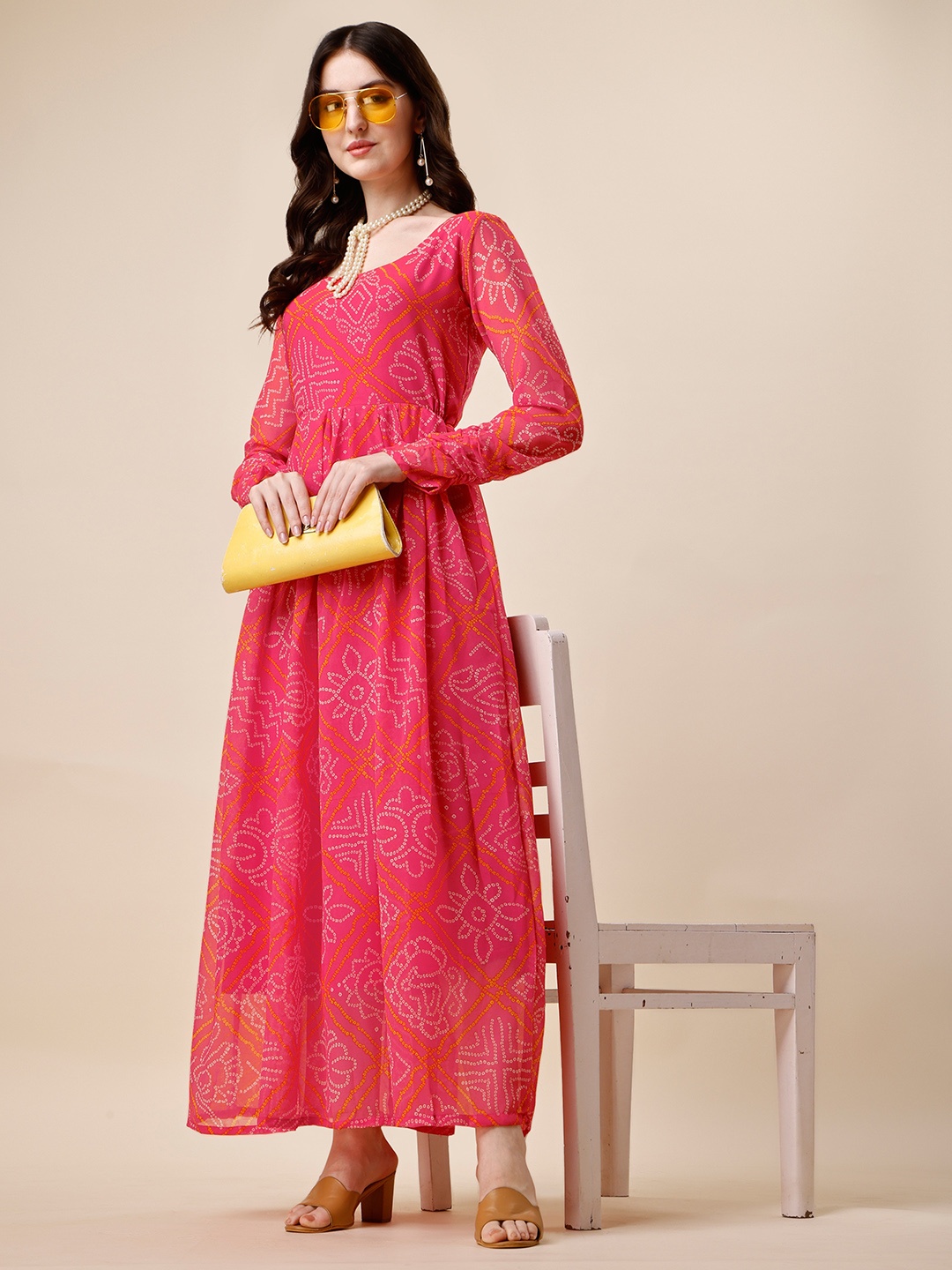 

NIZA FASHION Bandhani Print Georgette Maxi Dress, Pink