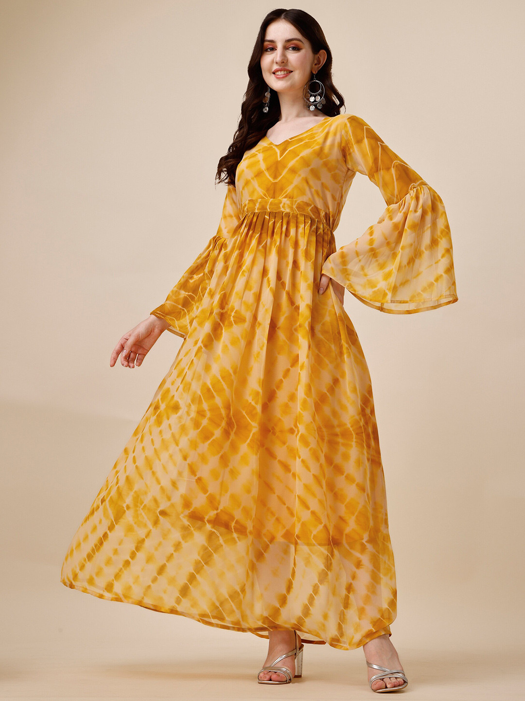 

NIZA FASHION Shibori Print Bell Sleeve Georgette Maxi Dress, Yellow