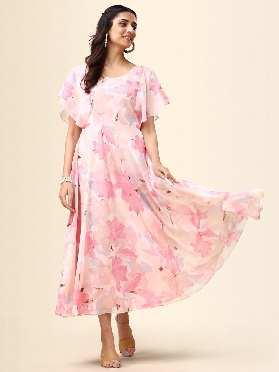 

NIZA FASHION Floral Print Flared Sleeve Georgette Maxi Dress, Peach