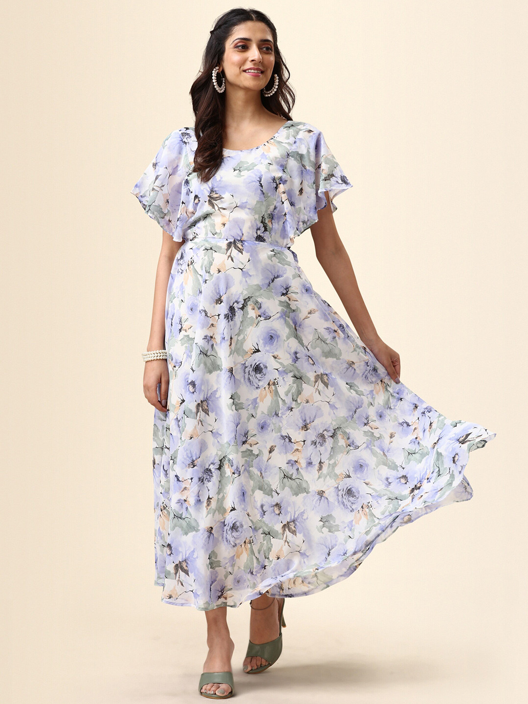 

NIZA FASHION Floral Print Flared Sleeve Georgette Maxi Dress, Grey