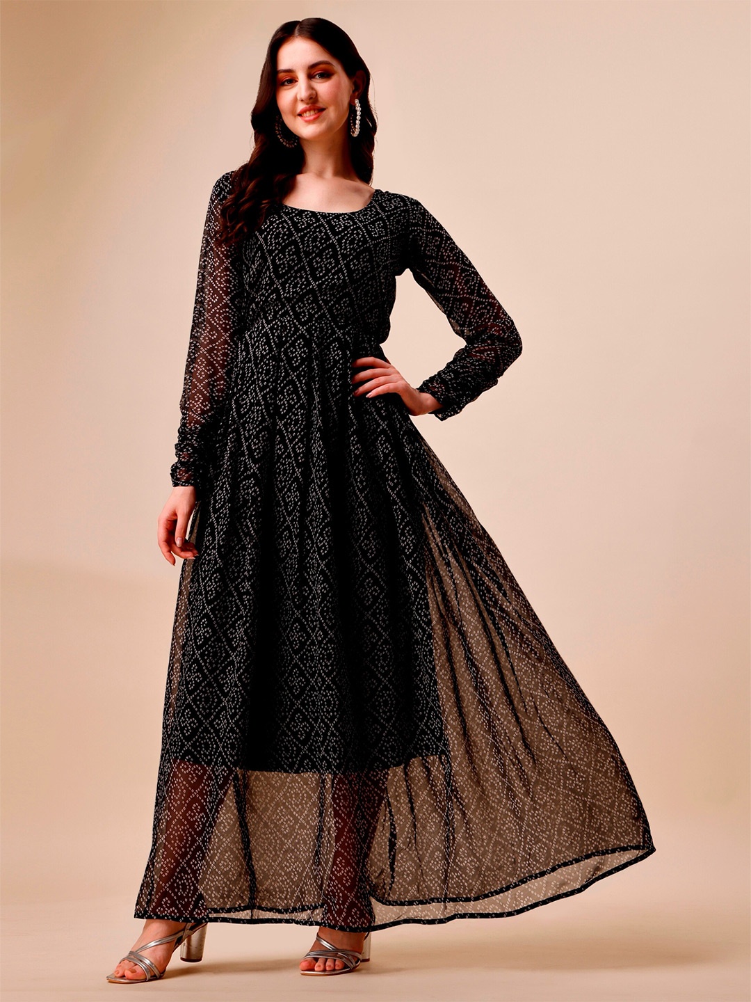 

NIZA FASHION Bandhani Printed Georgette Anarkali Maxi Dress, Black