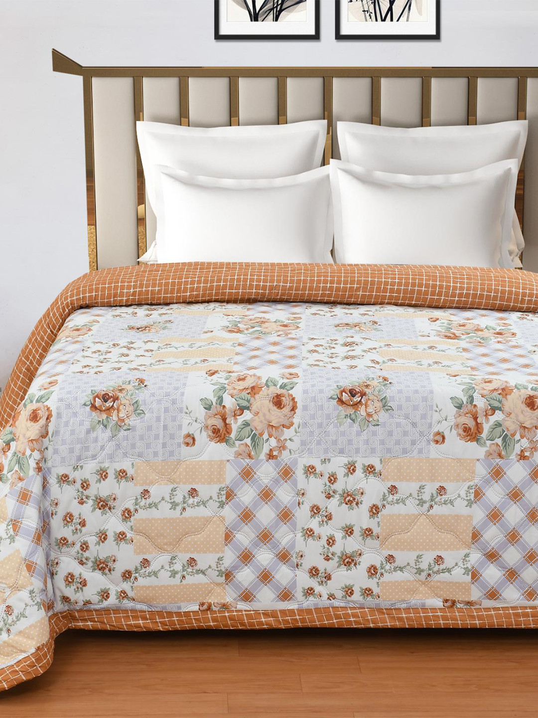 Florida Beige & White Floral Microfiber AC Room 200 GSM Double Bed Comforter