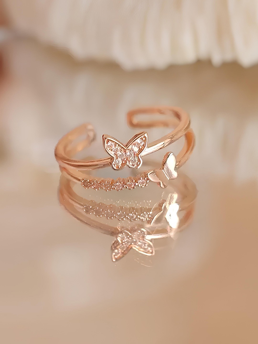 

KARISHMA KREATIONS Set Of 2 Rose Gold-Plated Cubic Zirconia-Studded Adjustable Finger Rings