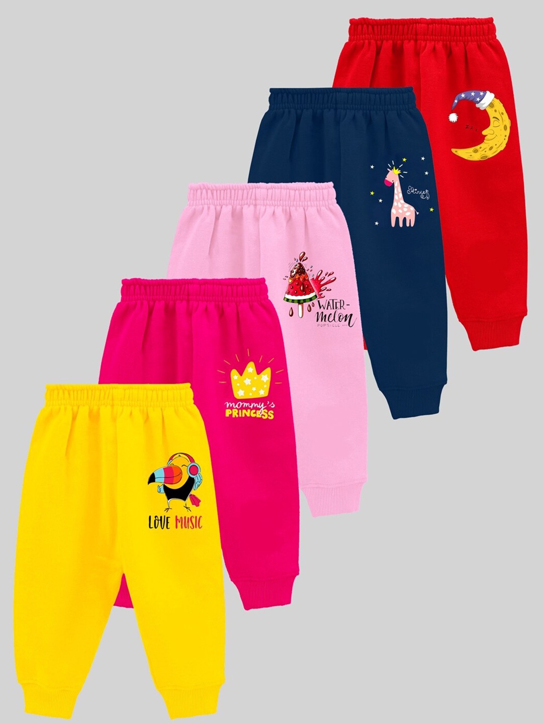 

KUCHIPOO Girls Pack Of 5 Graphic Printed Mid-Rise Joggers, Yellow