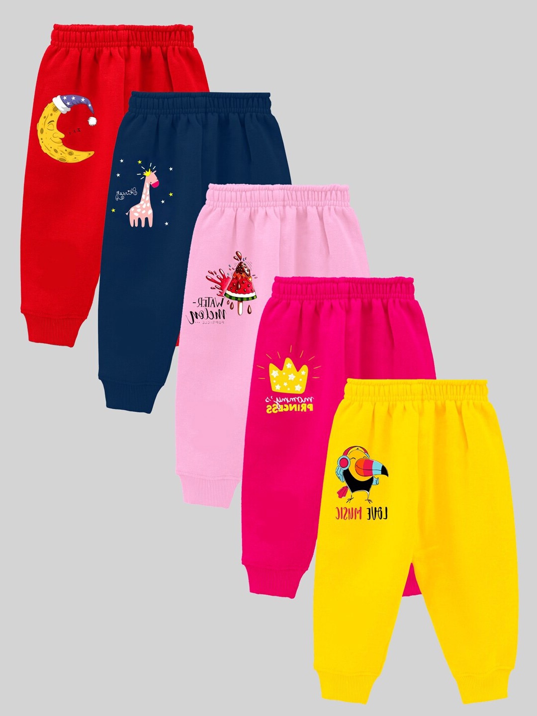 

KUCHIPOO Girls Pack Of 5 Graphic Printed Joggers, Yellow