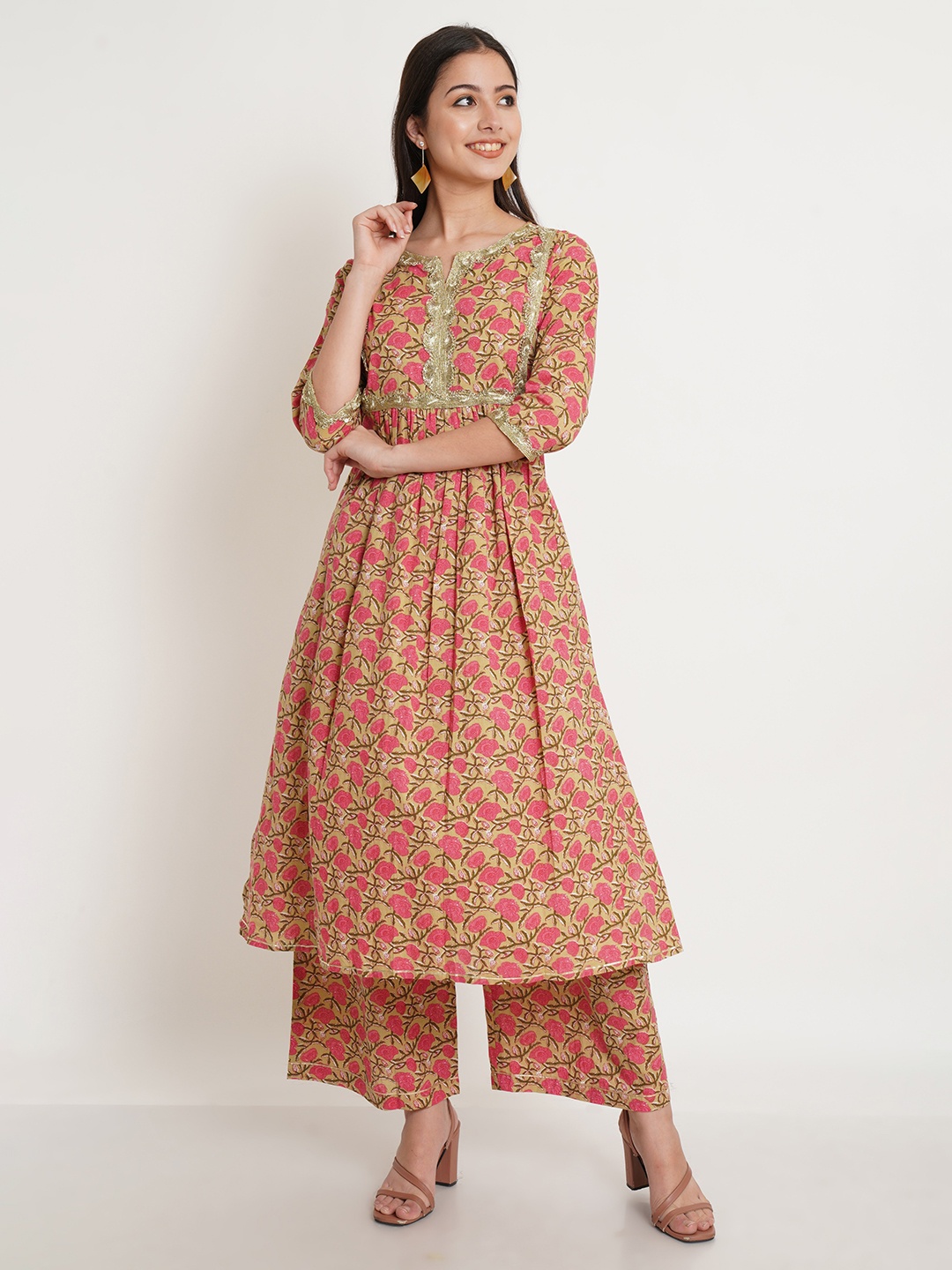 

COTLAND FASHION Beige Floral Printed Notched Neck A-Line Kurta with Palazzos